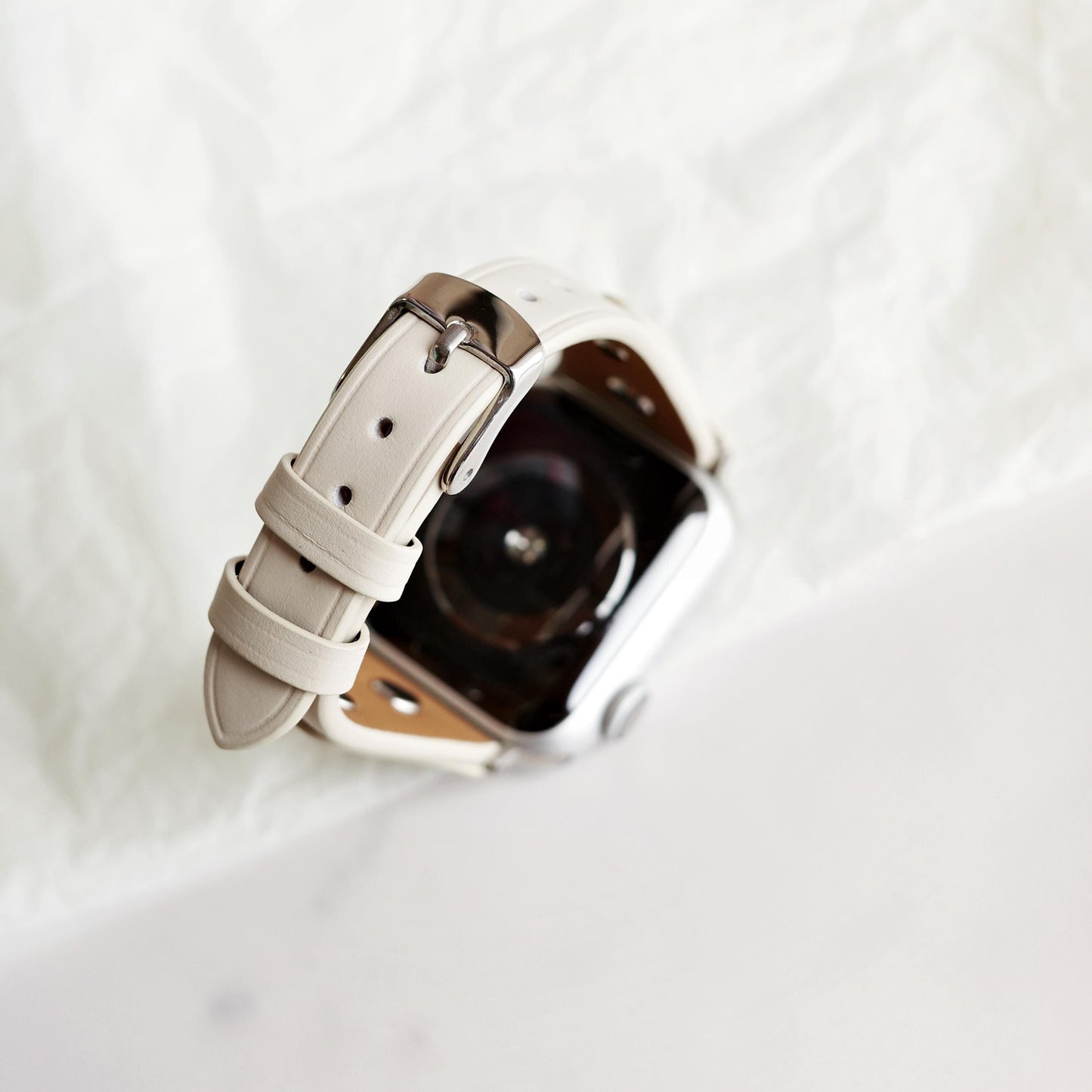 White Leather Apple Watch Band with Silver Star Studs