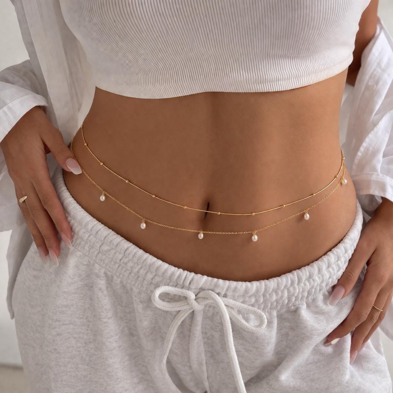 Gold Pearl Double Layer Belly Chain