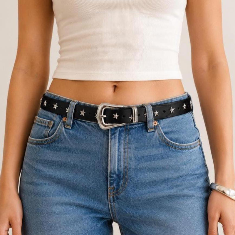 Y2K Star Studded Black Leather Belt