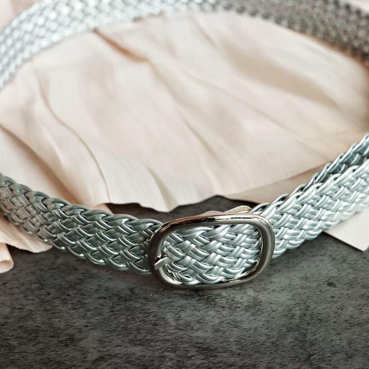Silver Leather Braided Belt