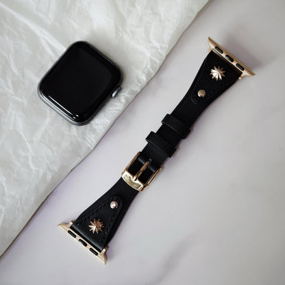 Black Leather Apple Watch Band with Gold Star Studs