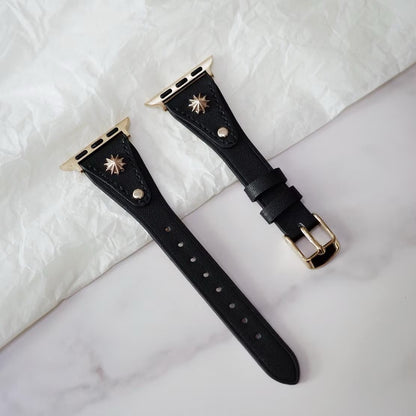 Black Leather Apple Watch Band with Gold Star Studs