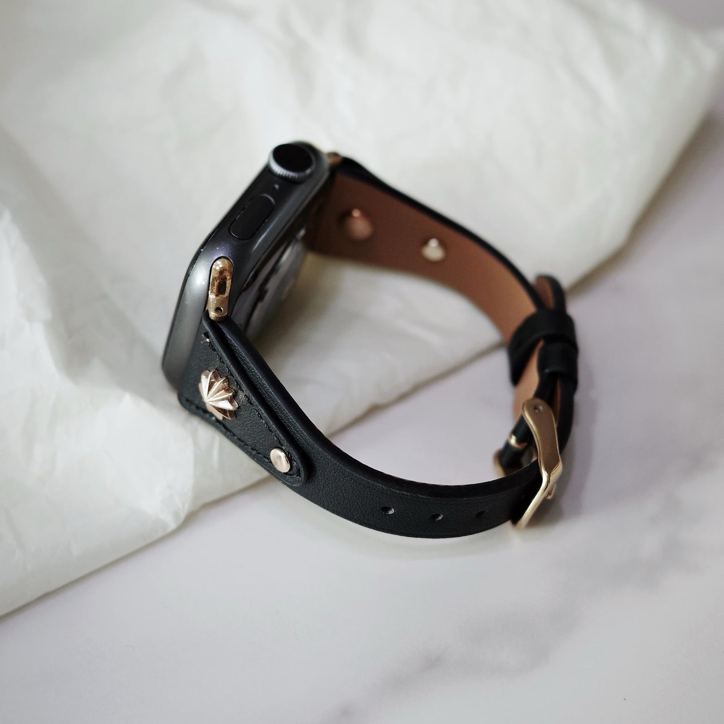 Black Leather Apple Watch Band with Gold Star Studs