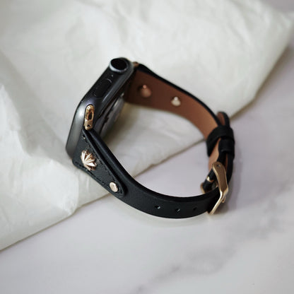 Black Leather Apple Watch Band with Gold Star Studs