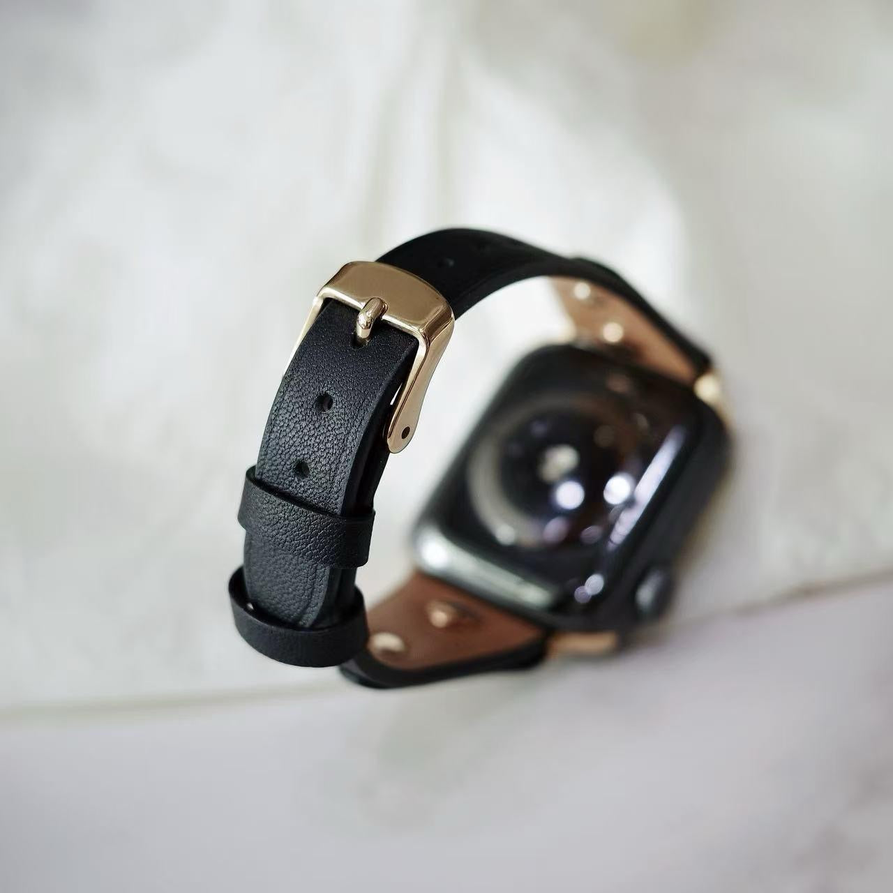 Black Leather Apple Watch Band with Gold Star Studs