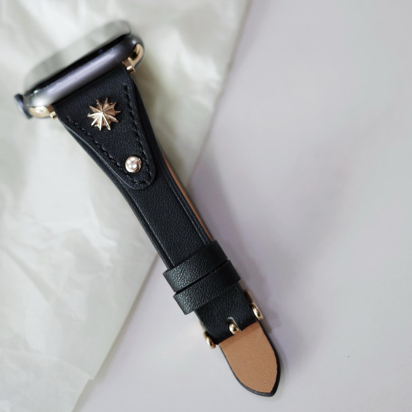 Black Leather Apple Watch Band with Gold Star Studs
