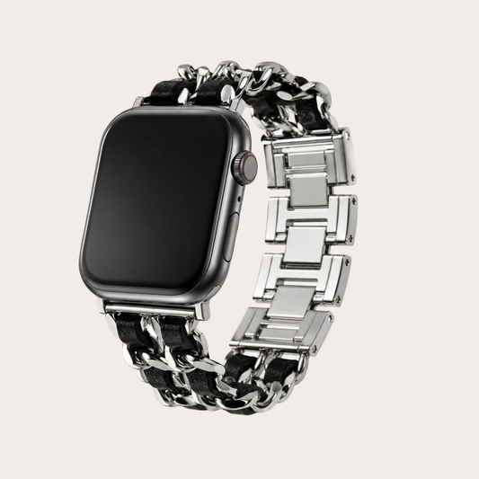 Black Leather Silver Chain Apple Watch Band