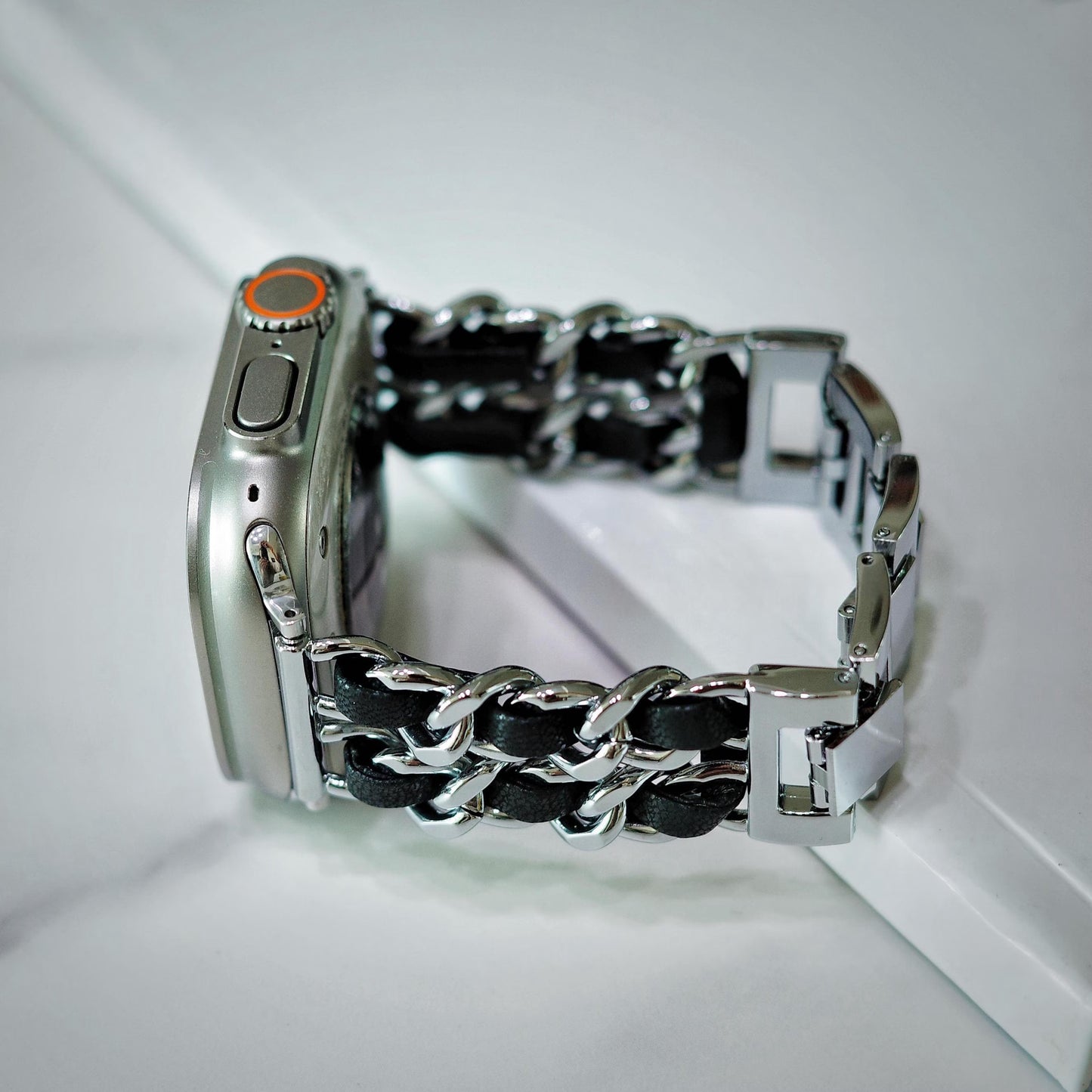 Black Leather Silver Chain Apple Watch Band