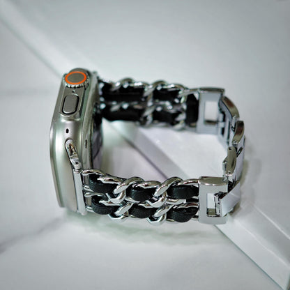 Black Leather Silver Chain Apple Watch Band