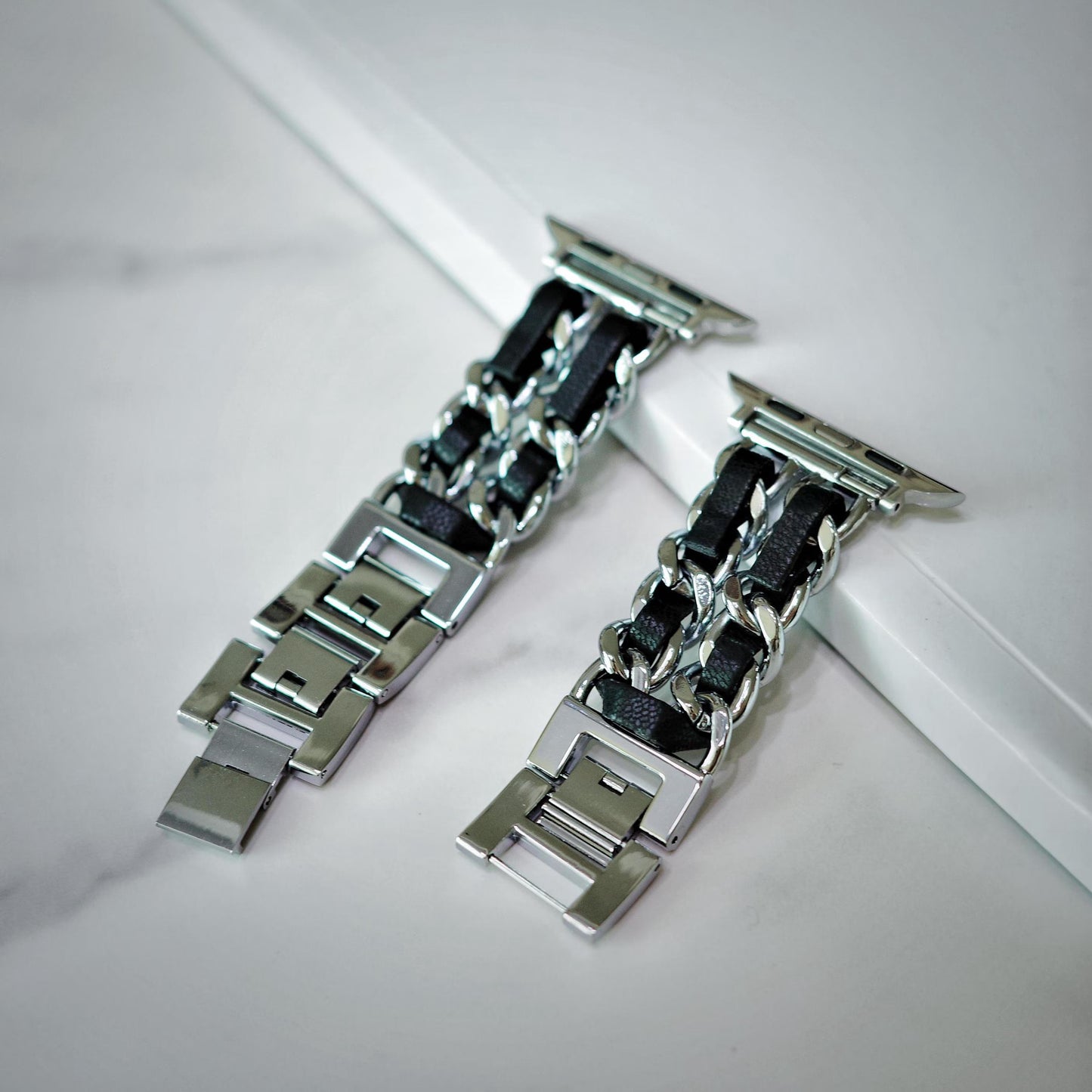 Black Leather Silver Chain Apple Watch Band