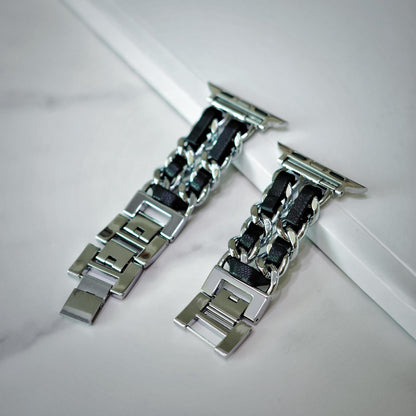 Black Leather Silver Chain Apple Watch Band