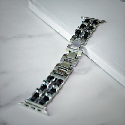 Black Leather Silver Chain Apple Watch Band