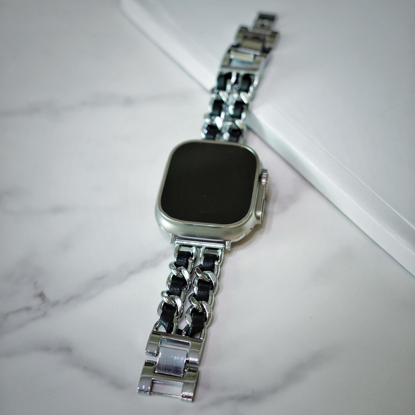 Black Leather Silver Chain Apple Watch Band