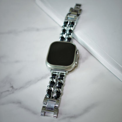 Black Leather Silver Chain Apple Watch Band