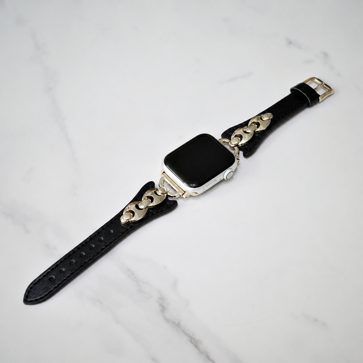 Gold Chain Black Leather Apple Watch Band