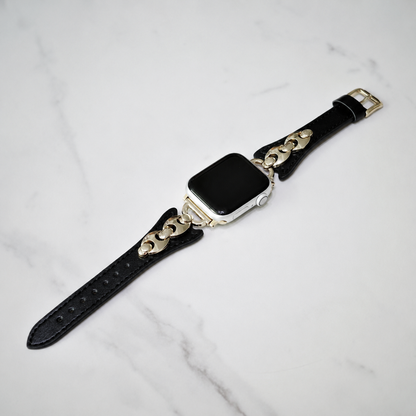 Gold Chain Black Leather Apple Watch Band
