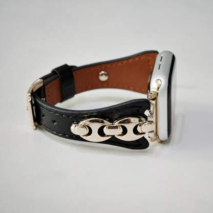 Gold Chain Black Leather Apple Watch Band