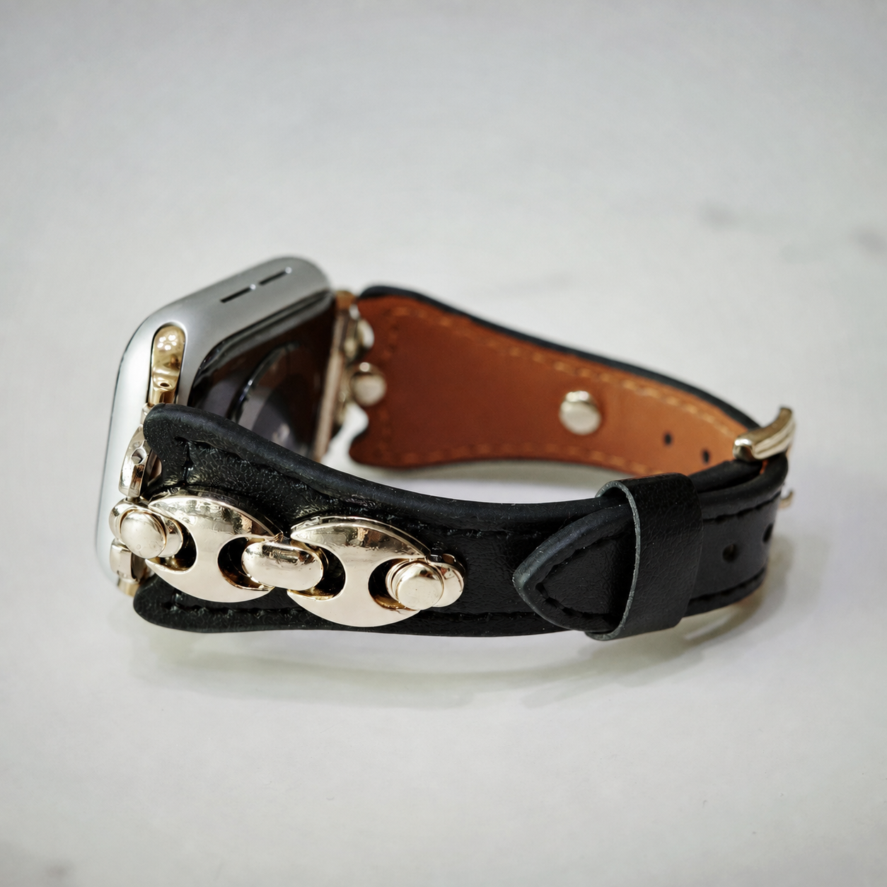 Gold Chain Black Leather Apple Watch Band