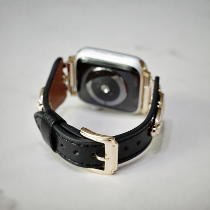 Gold Chain Black Leather Apple Watch Band