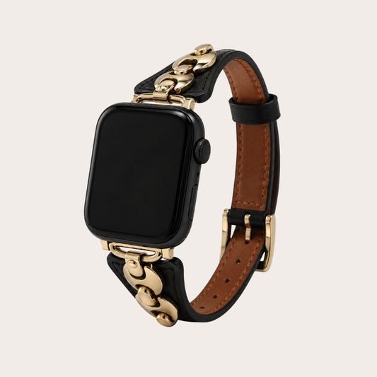 Gold Chain Black Leather Apple Watch Band