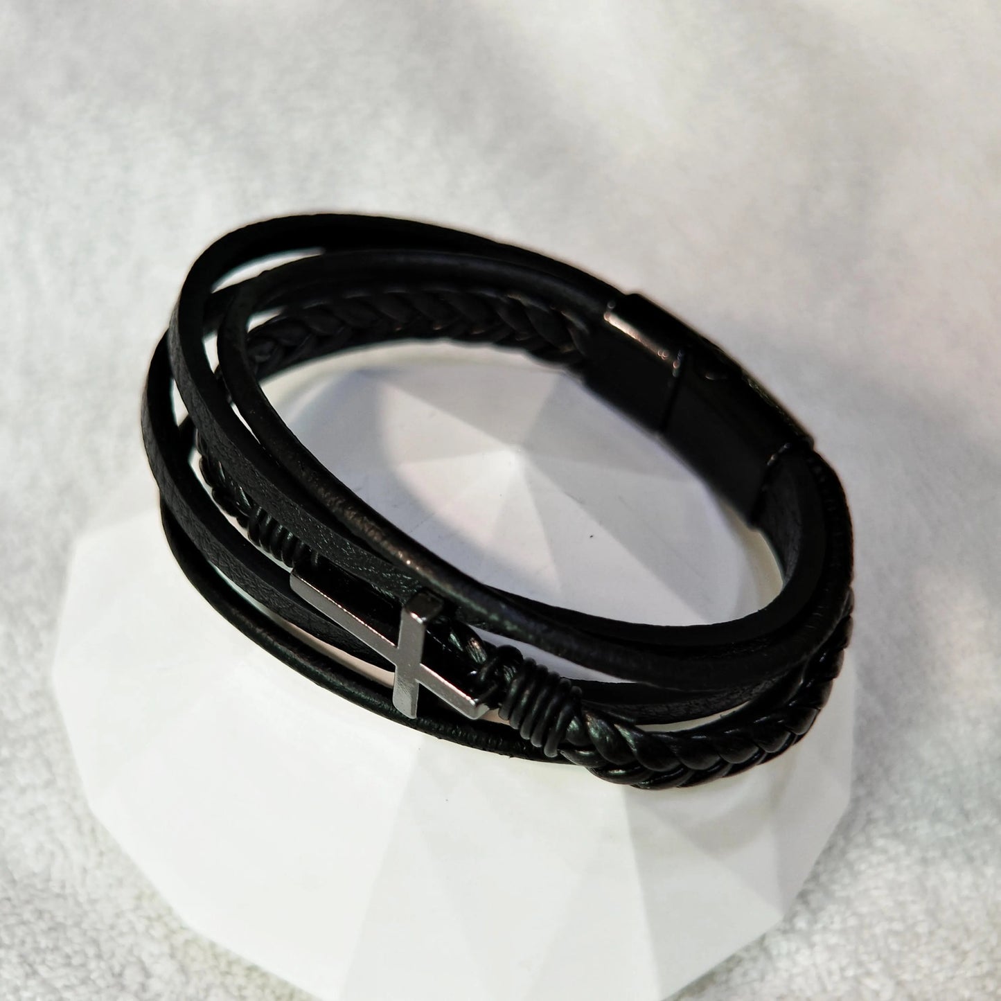 Layered Leather Cross Bracelet
