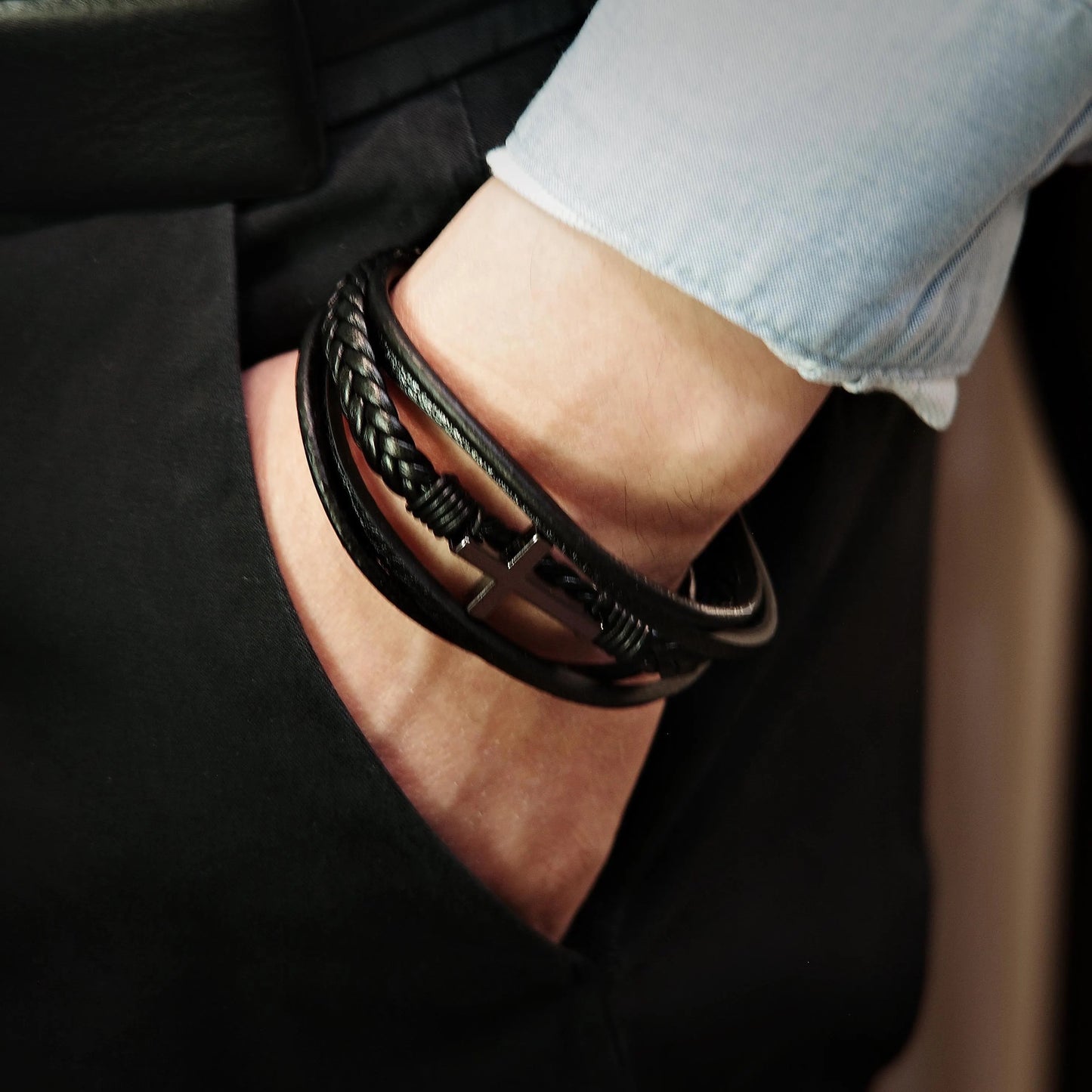 Layered Leather Cross Bracelet