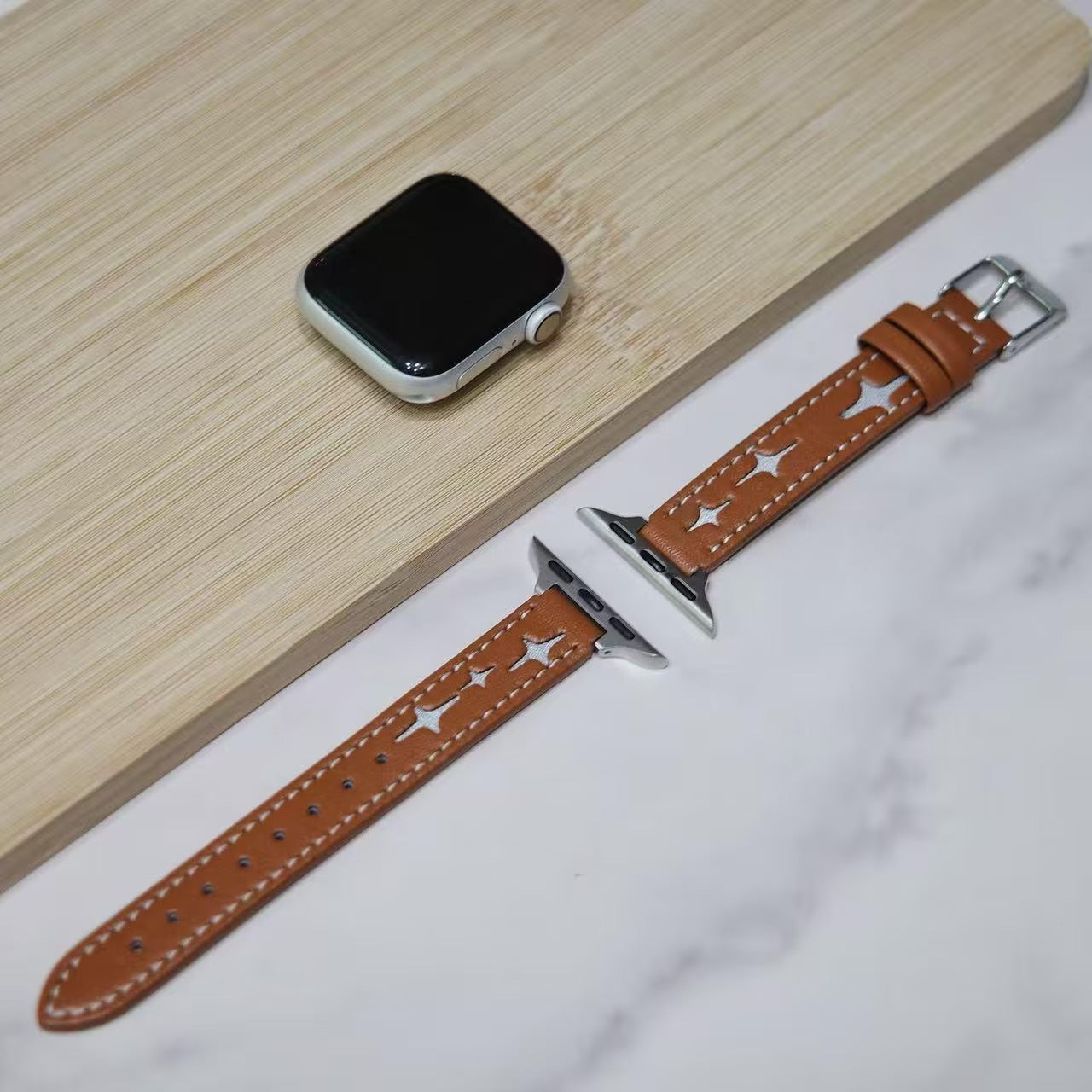 Brown Star Stitch Leather Apple Watch Band