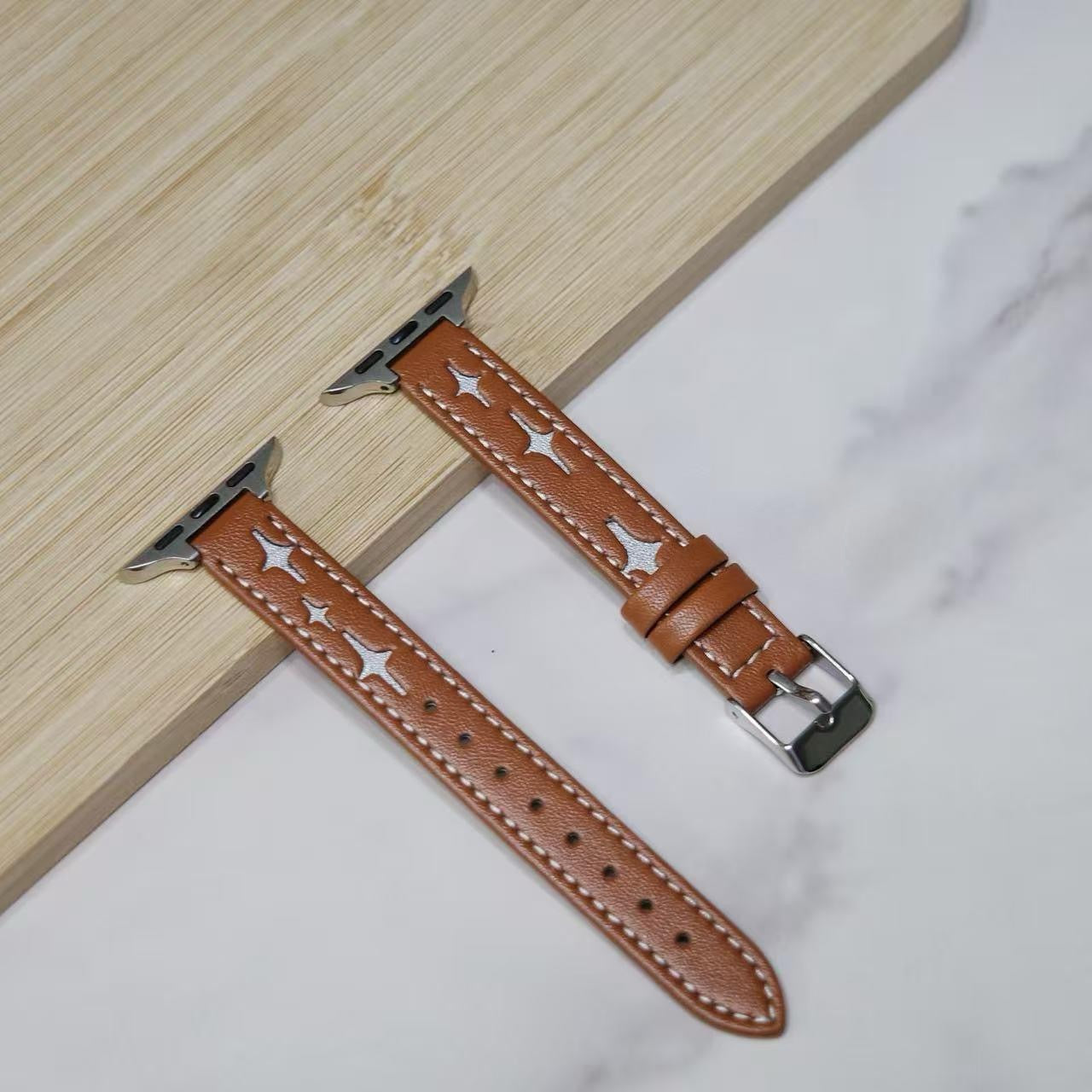 Brown Star Stitch Leather Apple Watch Band