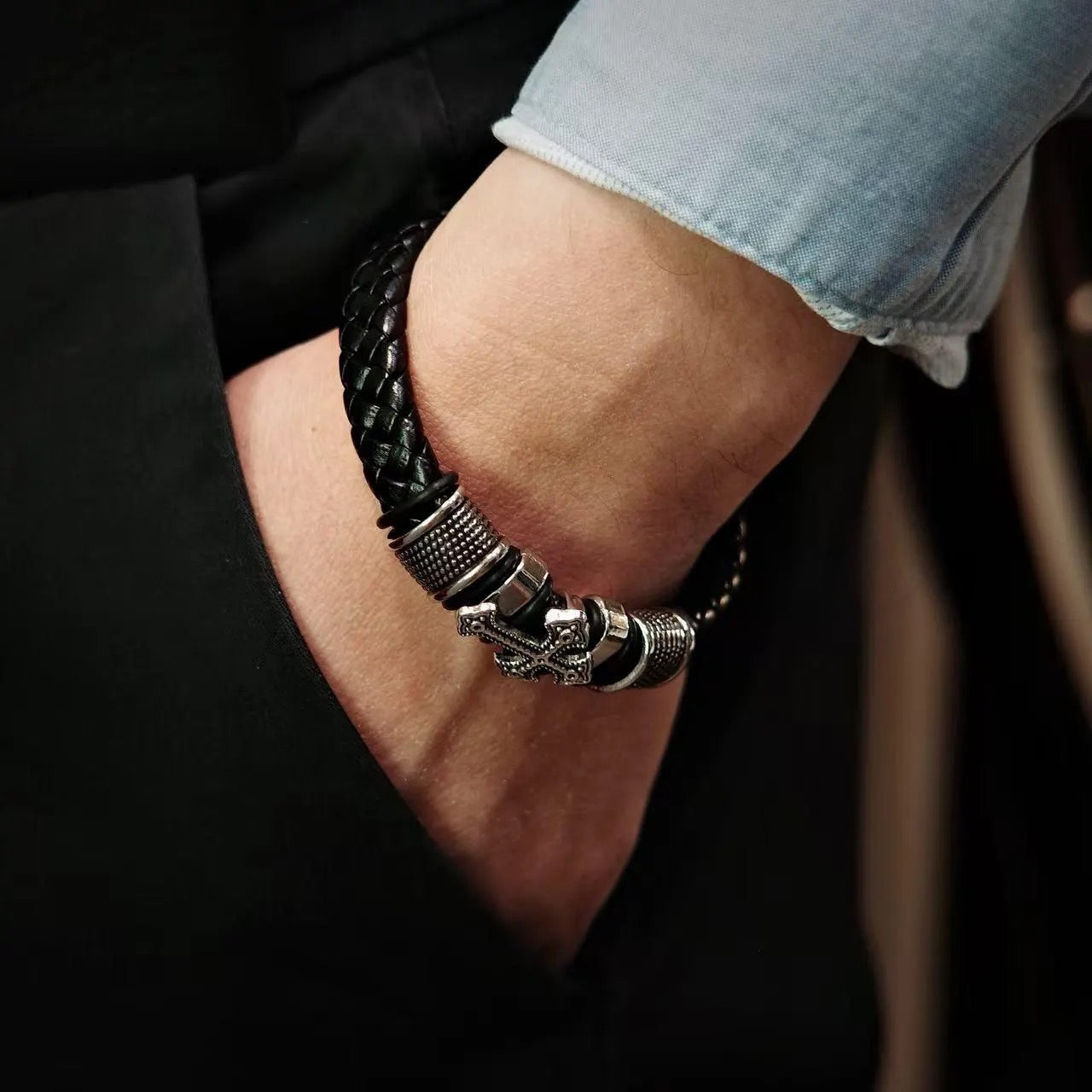 Punk Leather Cross Bracelet