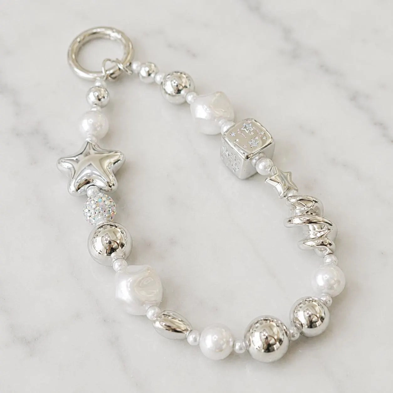 Silver Pearl Star Phone Charm