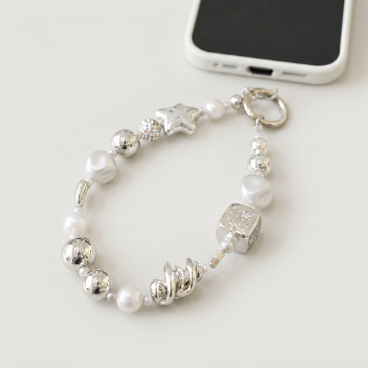 Silver Pearl Star Phone Charm