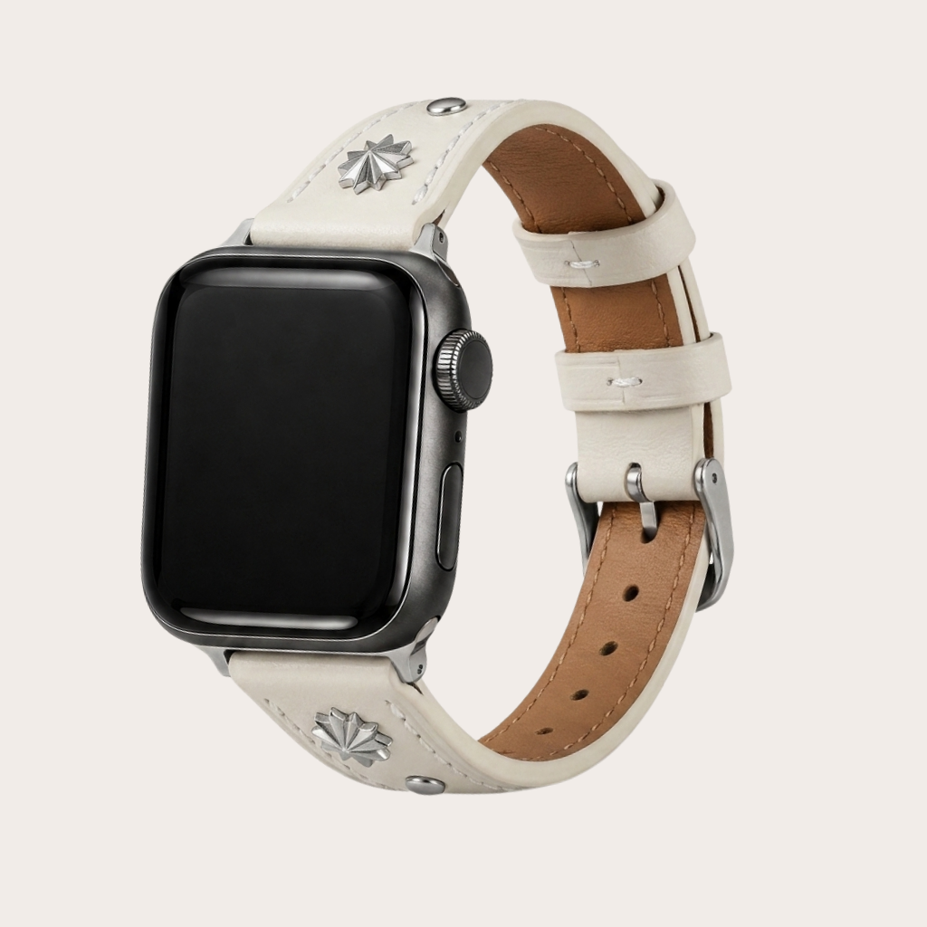 White Leather Apple Watch Band with Silver Star Studs