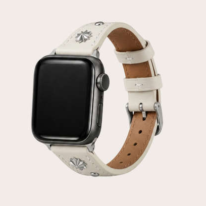 White Leather Apple Watch Band with Silver Star Studs