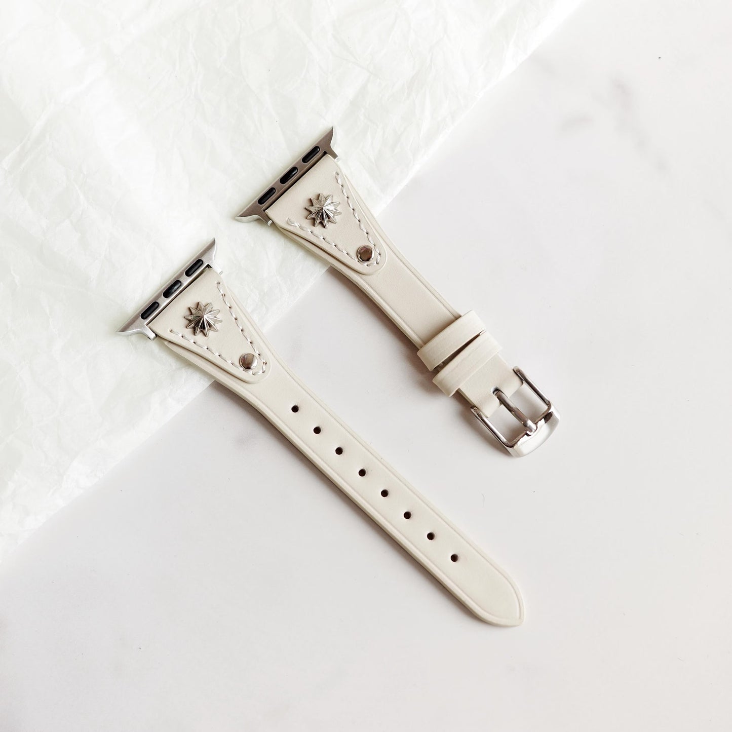White Leather Apple Watch Band with Silver Star Studs
