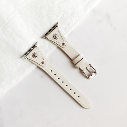 White Leather Apple Watch Band with Silver Star Studs