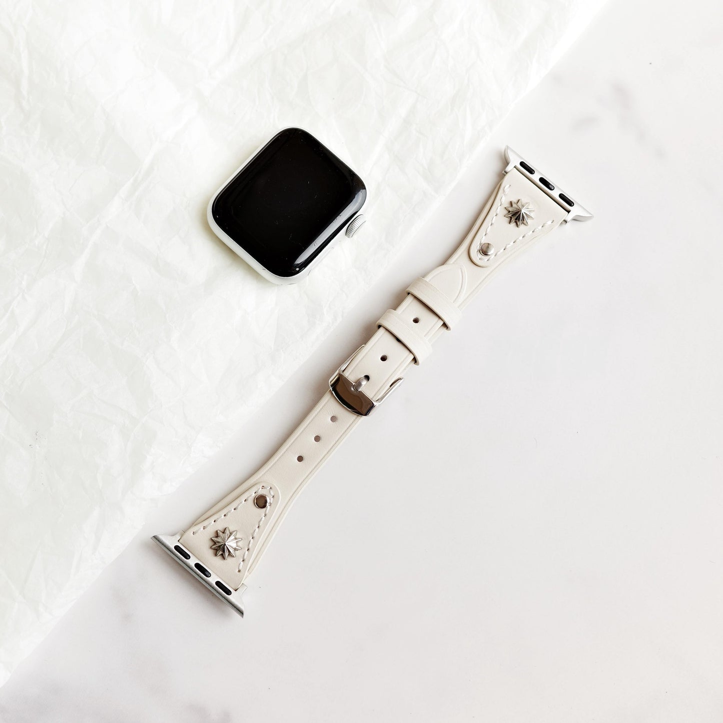 White Leather Apple Watch Band with Silver Star Studs