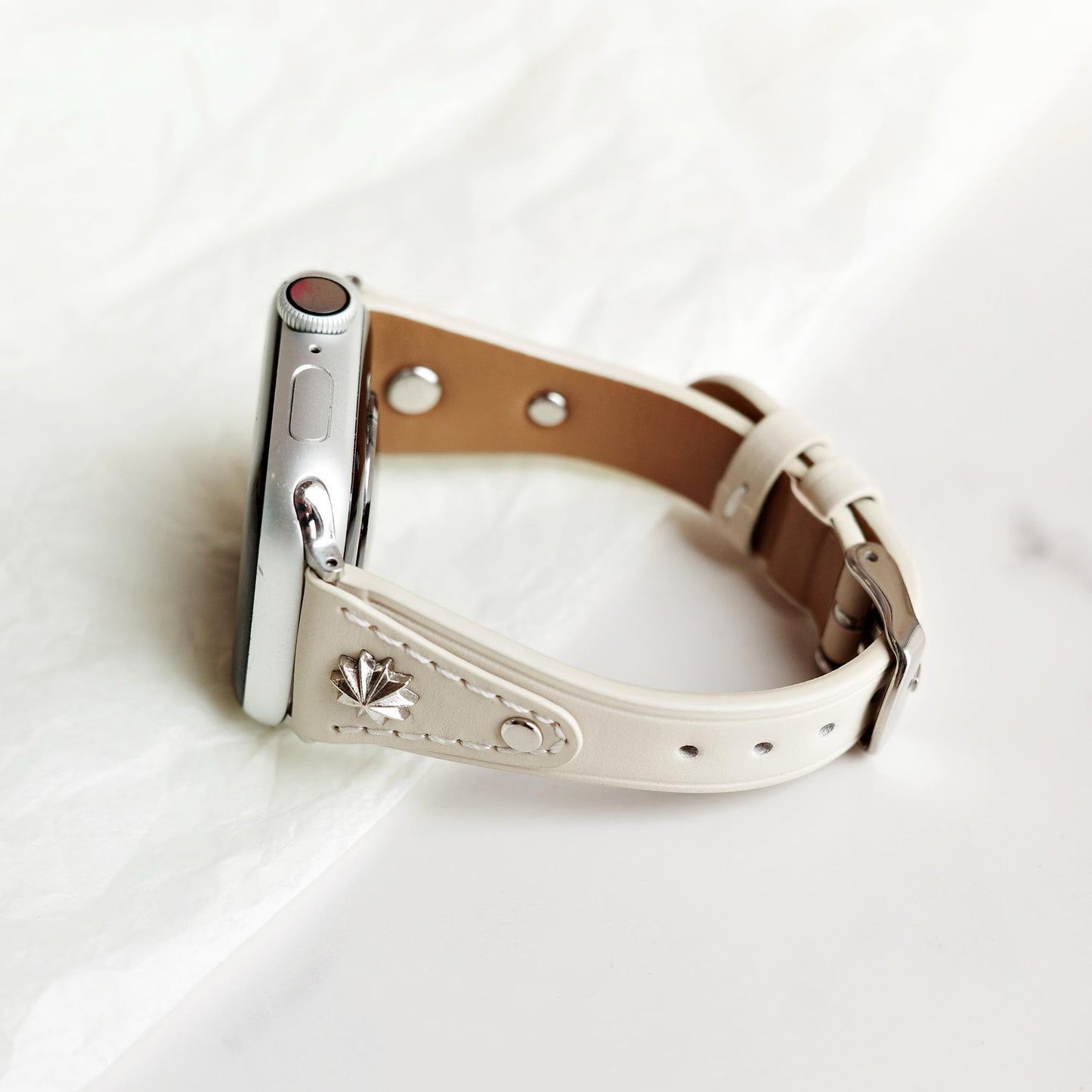 White Leather Apple Watch Band with Silver Star Studs