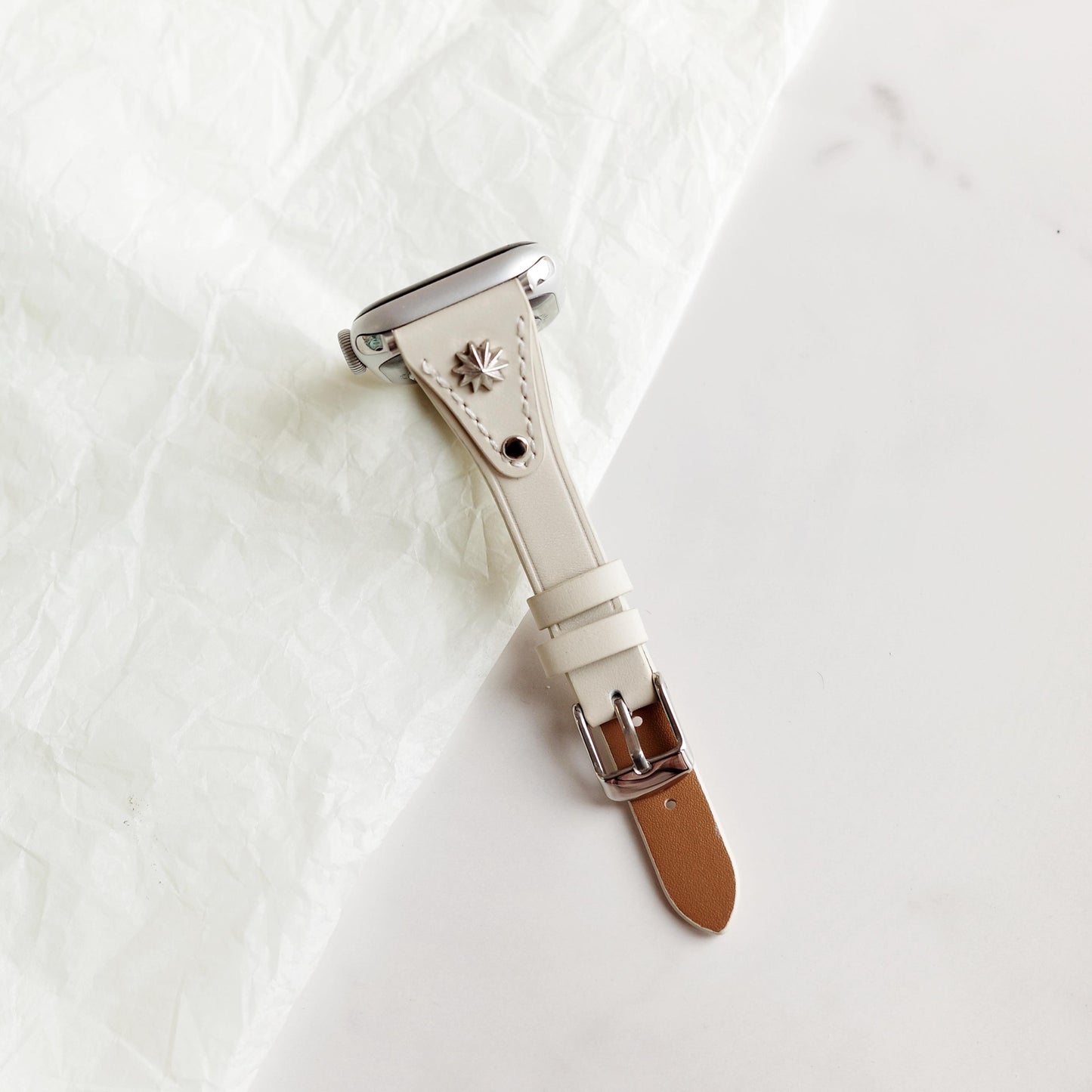 White Leather Apple Watch Band with Silver Star Studs