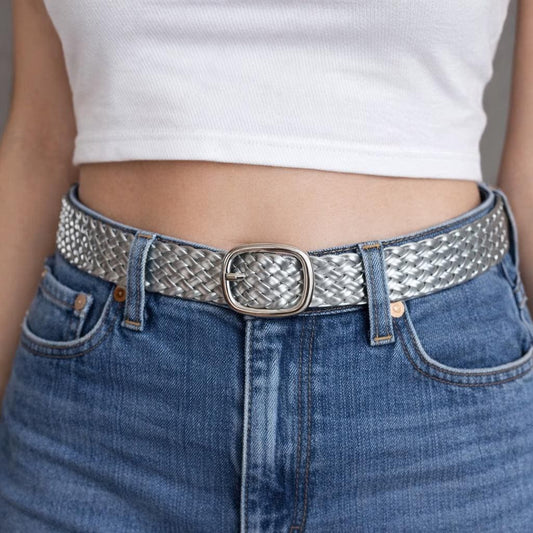 Silver Leather Braided Belt