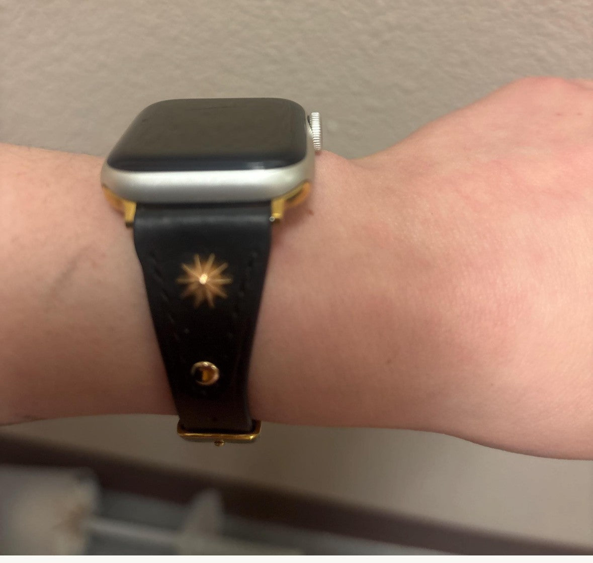Black Leather Apple Watch Band, Gold Star