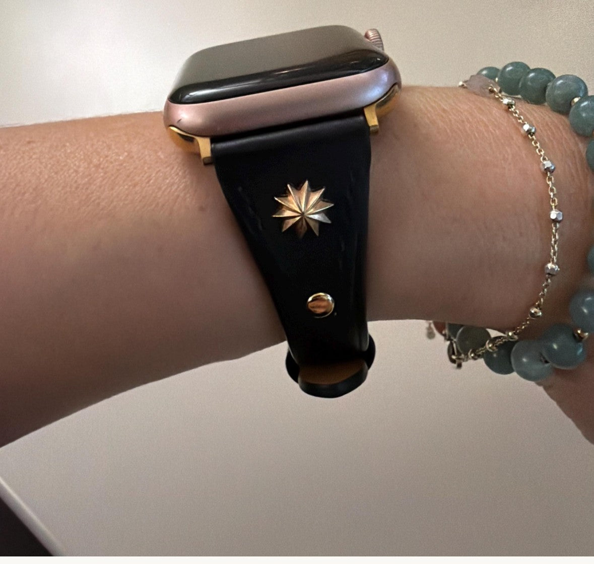 Black Leather Apple Watch Band, Gold Star